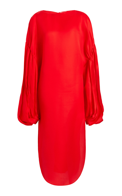 Khaite Zelma Balloon-sleeve Silk Midi Dress In Fire Red