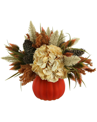 Creative Displays Hydrangea And Pampas Autumn Faux Floral In An Orange Pumpkin  Vase