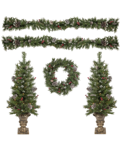Northern Lights Northlight 5-piece Pre-lit Frosted Verona Berry Pine Artificial Christmas Entryway Set In Green