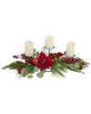 NORTHERN LIGHTS NORTHLIGHT 32IN TRIPLE CANDLE HOLDER WITH RED BERRY AND POINSETTIA CHRISTMAS DECOR