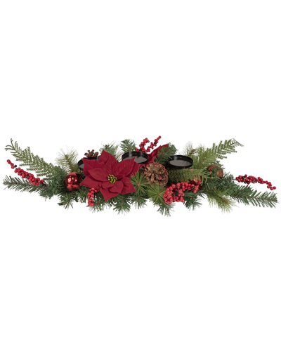 Northern Lights Northlight 32in Artificial Mixed Pine Berries And Poinsettia Christmas Candle Holder Centerpiece In Green