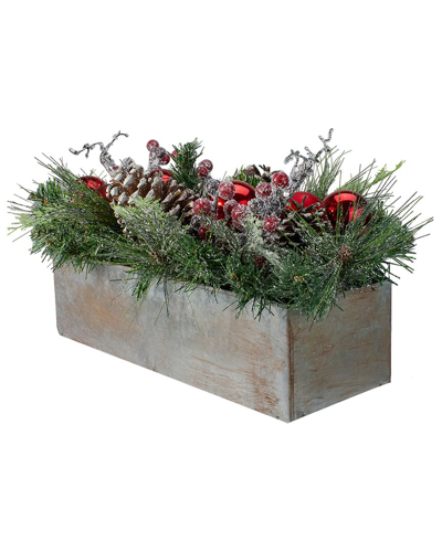 Northern Lights Northlight 24in Mixed Pine And Red Ornaments Artificial Christmas Arrangement In Wood Planter In Green