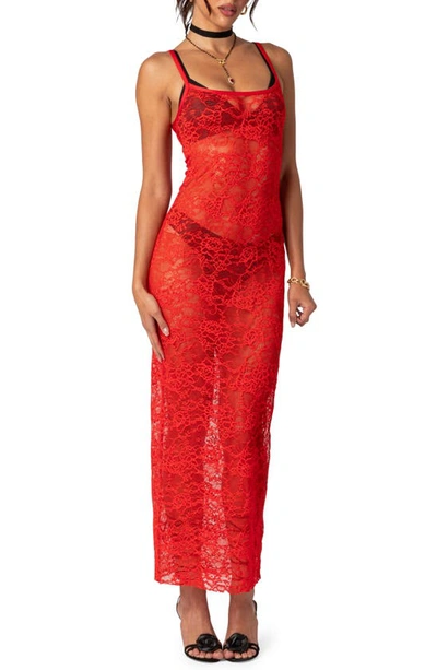 Edikted Sultry Sheer Lace Maxi Dress In Red