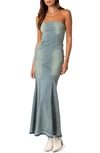 Edikted Astoria Strapless Release Hem Denim Maxi Dress In Blue-washed