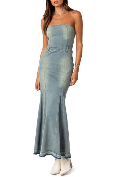 Edikted Astoria Strapless Release Hem Denim Maxi Dress In Blue-washed