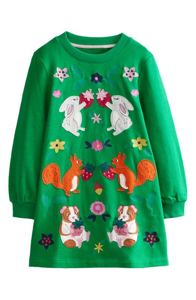 Mini Boden Kids' Cozy Appliqué Long Sleeve Sweatshirt Dress In Deep Green Woodland