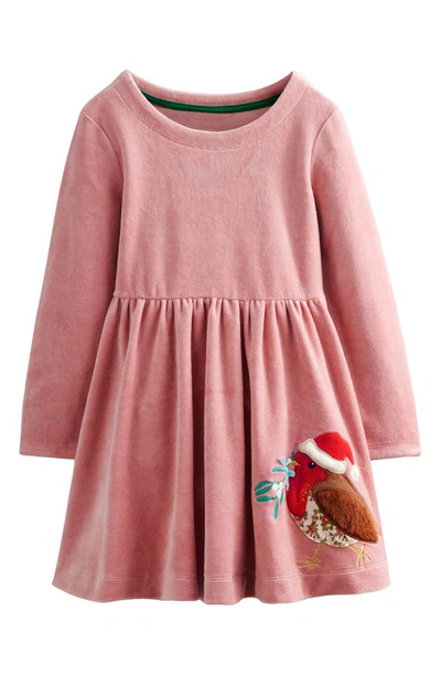 Mini Boden Kids' Twirly Velour Appliqué Dress Almond Pink Robin Girls Boden