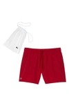 Lacoste Recycled Polyester Swim Trunks In 8un Rouge/ Vert