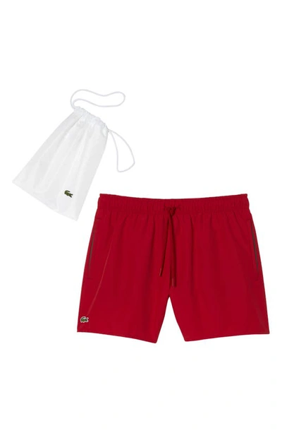 Lacoste Recycled Polyester Swim Trunks In 8un Rouge/ Vert