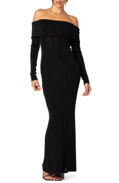 Edikted Susan Off The Shoulder Long Sleeve Maxi Dress In Black
