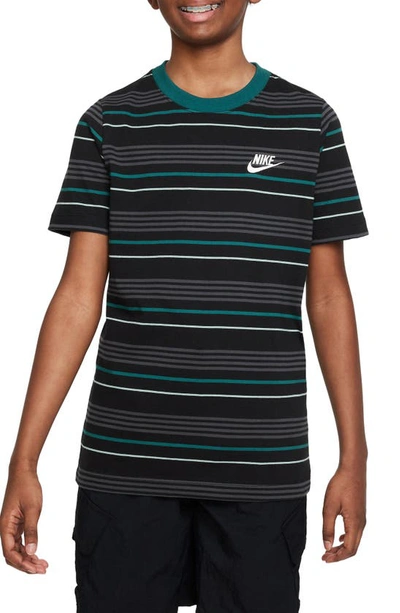 Nike Kids' Sportswear Stripe Cotton Logo T-shirt In Black/ Geode Teal