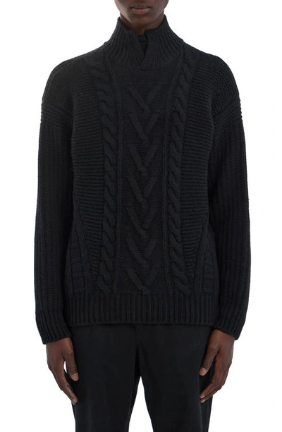 Zegna Cable Stitch Split Turtleneck Cashmere Sweater In Black Solid