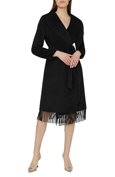 Milly Fringed Belted Wool Blend Coat In Black | ModeSens