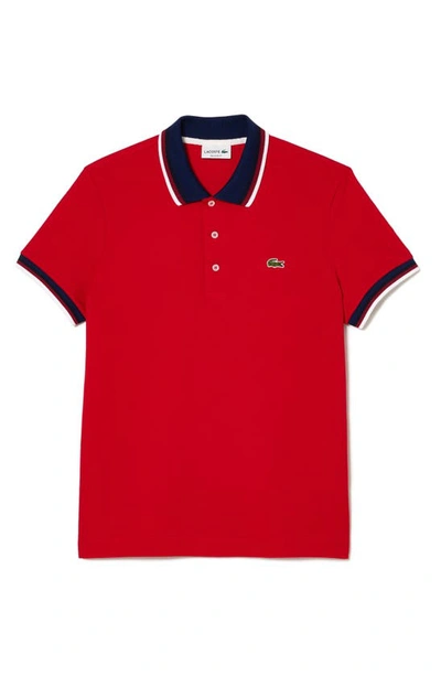 Lacoste Logo-embroidered Striped-border Polo Shirt In Rouge