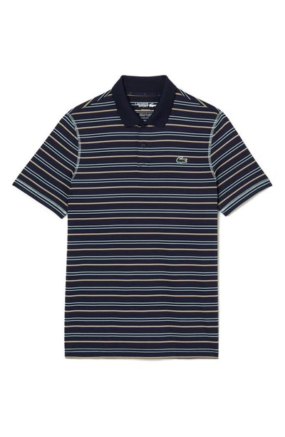 Lacoste Stripe Stretch Polo Shirt In Navy Blue