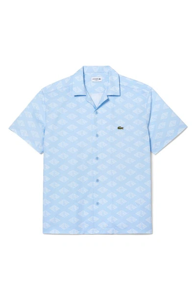 Lacoste Relaxed Fit Logo Print Short Sleeve Button-up Camp Shirt In Blue Overview/ Flour