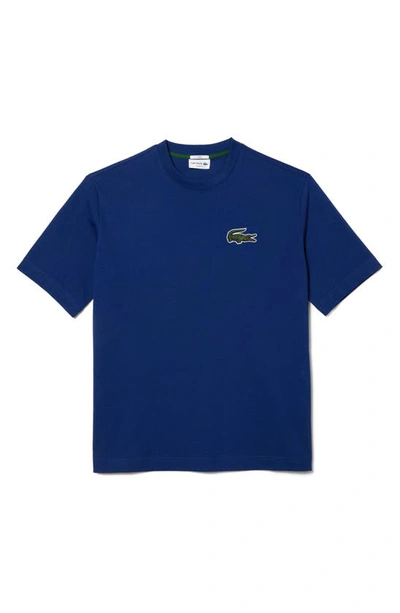 Lacoste Unisex Loose Fit Large Crocodile Organic Cotton T-shirt - 3xl In Blue