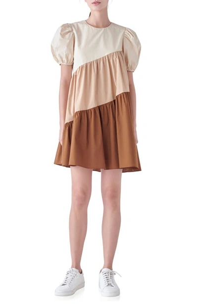 English Factory Colorblock Puff Sleeve Shift Dress In Beige Multi