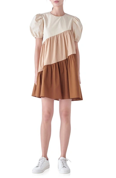 English Factory Colourblock Puff Sleeve Shift Dress In Beige Multi