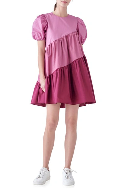 English Factory Colorblock Puff Sleeve Shift Dress In Orchid Multi