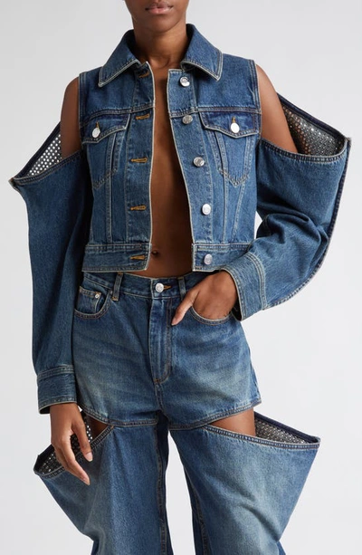 Area Crystal Embellished Cutout Denim Jacket In Vintage Indigo