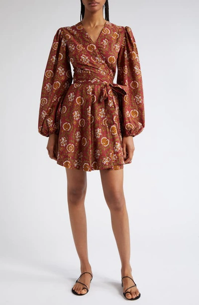 Mille Nan Floral Long Sleeve Cotton Wrap Dress In Cinnabar