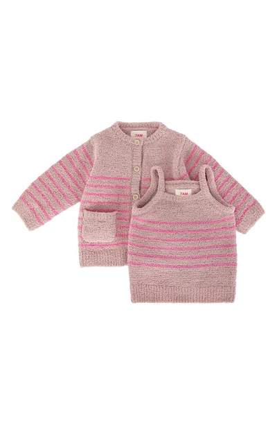 7 A.m. Enfant Babies' Stripe Chenille Recycled Polyester Tank Top & Cardigan Set In Ash Rose Vivid Pink