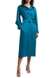 French Connection Harlow Long Sleeve Satin Midi Wrap Dress In Deep Lake