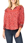 Gibsonlook Harvest Moon Border Print Tie Neck Top In Burgundy Spice Border Print