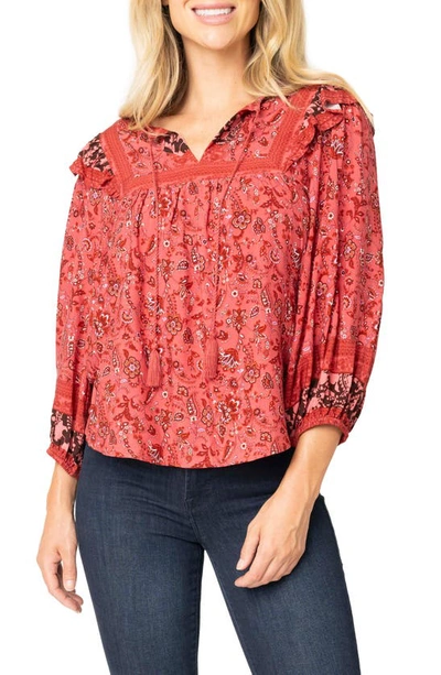 Gibsonlook Harvest Moon Border Print Tie Neck Top In Burgundy Spice Border Print