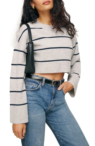 Reformation Paloma Cropped Cashmere Crew In Light Grey With Navy Stripe