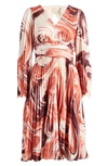 Mila Mae Pleated Long Sleeve Satin Midi Dress In Rust Plum