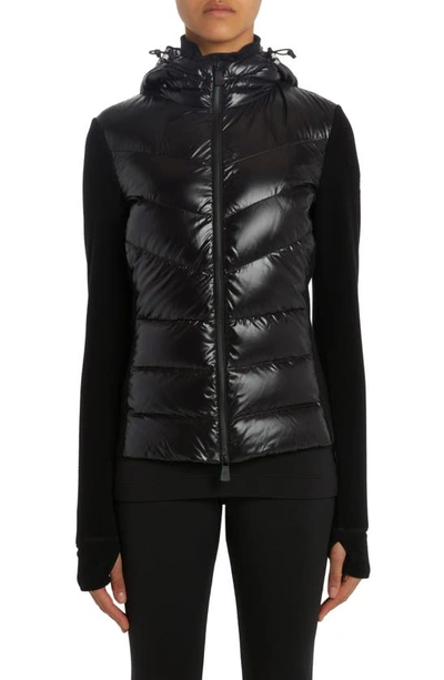Moncler Quilted Nylon & Stretch Fleece Hooded Cardigan In Black