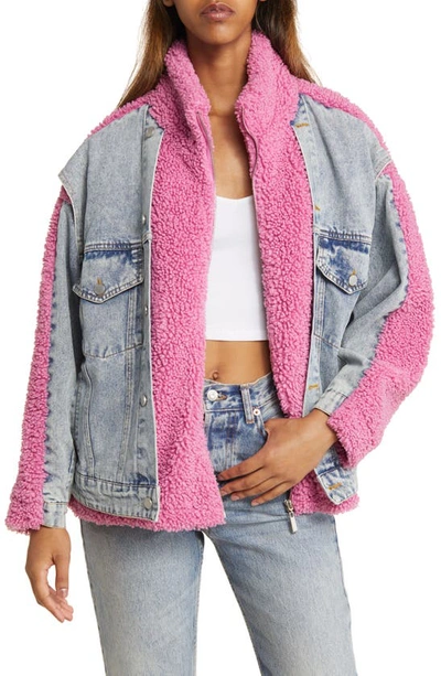 Blanknyc Faux Shearling & Denim Trucker Jacket In Multi