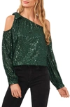 Cece Womens Sequined One Shoulder Blouse In Green