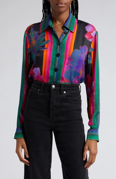 Farm Rio Flower Season Scarf Print Button-up Shirt In Black