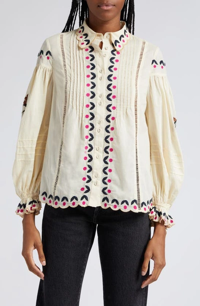 Farm Rio Palms Paradise Embroidered Cotton Shirt In Beige