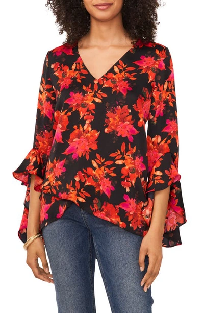 Vince Camuto Floral Layered Hem Blouse In Rich Black