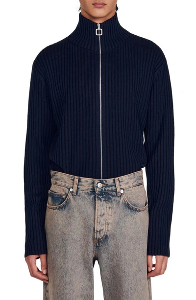 Sandro Ribbed-knit Zip-up Sweatshirt In Navy Blue