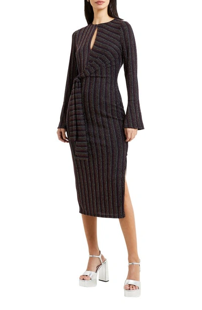 French Connection Paula Metallic Stripe Long Sleeve Midi Dress In Blackout Multi