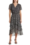 VINCE CAMUTO FLORAL PRINT TIERED CHIFFON DRESS