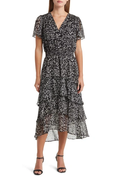 Vince Camuto Floral Print Tiered Chiffon Dress In Rich Black