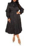 Buxom Couture Belted Bubble Hem Long Sleeve Midi Dress In Black