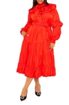 Buxom Couture Belted Bubble Hem Long Sleeve Midi Dress In Red