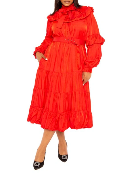 Buxom Couture Belted Bubble Hem Long Sleeve Midi Dress In Red