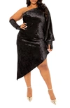 Buxom Couture Crushed Velvet Asymmetric One-shoulder Crushed Velvet Dress & Gloves In Black