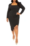 Buxom Couture Puff Shoulder Long Sleeve Asymmetric Midi Sheath Dress In Black