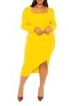 Buxom Couture Puff Shoulder Long Sleeve Asymmetric Midi Sheath Dress In Mustard