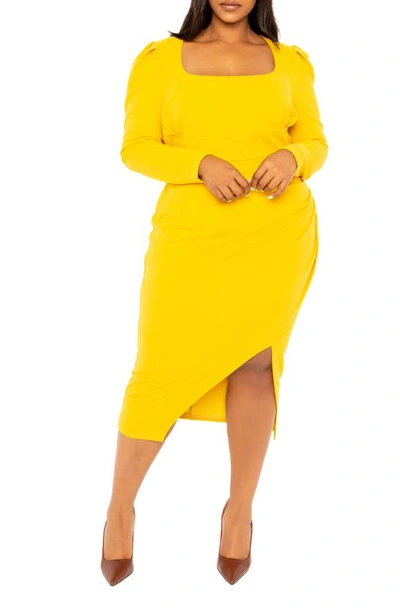 Buxom Couture Puff Shoulder Long Sleeve Asymmetric Midi Sheath Dress In Mustard