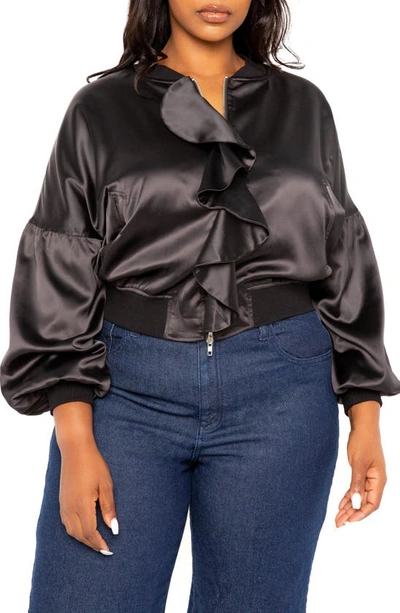 Buxom Couture Ruffle Trim Satin Bomber Jacket In Black